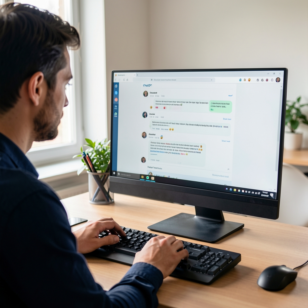 Pohled přes rameno na programátora zadávajícího složitý prompt do rozhraní ChatGPT na velkém monitoru v moderní kanceláři se zelenými rostlinami