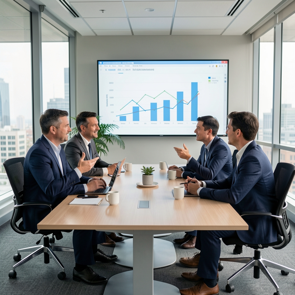 Businessmani v moderní zasedačce diskutují o AI strategii firmy, na promítacím plátně jsou grafy
