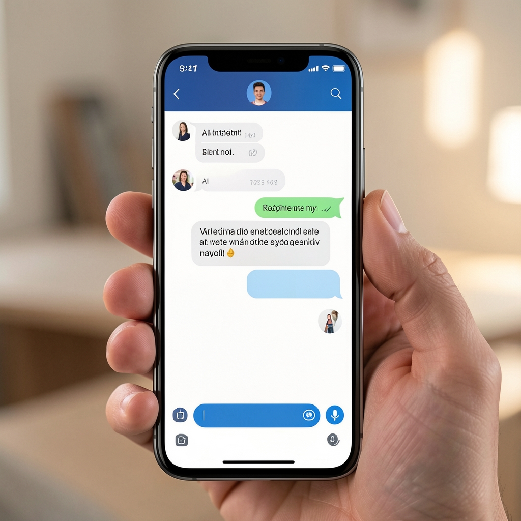 Rozhraní chatbota na chytrém telefonu, ukazující konverzaci s AI asistentem, moderní digitální design